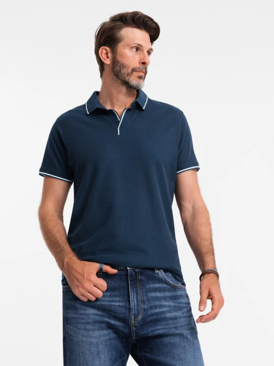 Zdjęcie produktu Koszulka męska polo z dzianiny pique bez guzików - granatowa V3 - Rozmiar: S Ombre Clothing