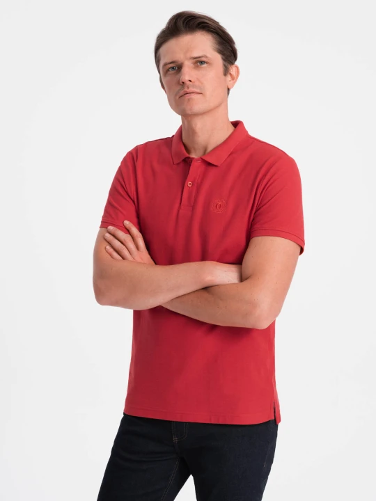 Zdjęcie produktu Koszulka męska polo z dzianiny pique - ciemnoczerwony V14 - Rozmiar: M Ombre Clothing