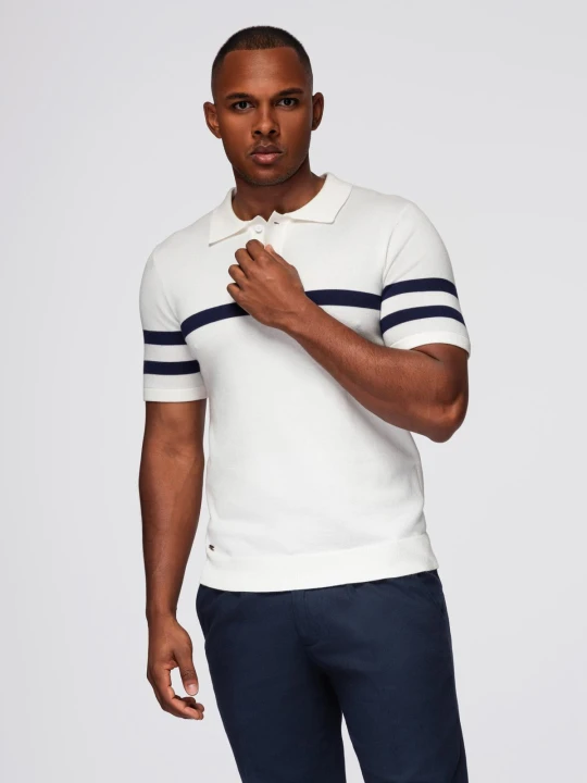 Zdjęcie produktu Koszulka męska polo z miękkiej dzianiny z kontrastowymi pasami - biała V1 - Rozmiar: XXL Ombre Clothing