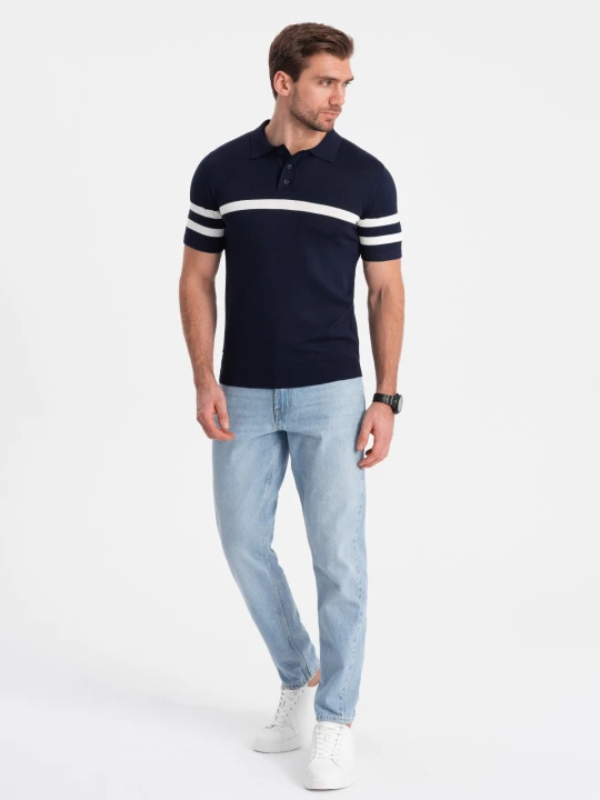 Zdjęcie produktu Koszulka męska polo z miękkiej dzianiny z kontrastowymi pasami - granatowa V2 Ombre Clothing