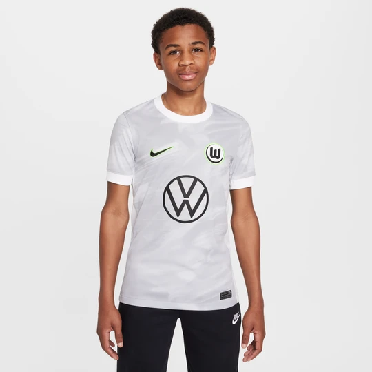 Zdjęcie produktu Koszulka piłkarska z krótkim rękawem dla dużych dzieci Nike Dri-FIT Vfl Wolfsburg Stadium 2025/2026 (wersja wyjazdowa) – replika - Biel