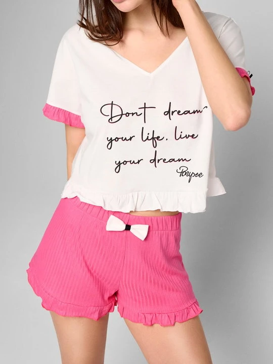 Zdjęcie produktu Koszulka piżamowa damska z krótkim rękawkiem i napisem Dreams Poupee Marilyn