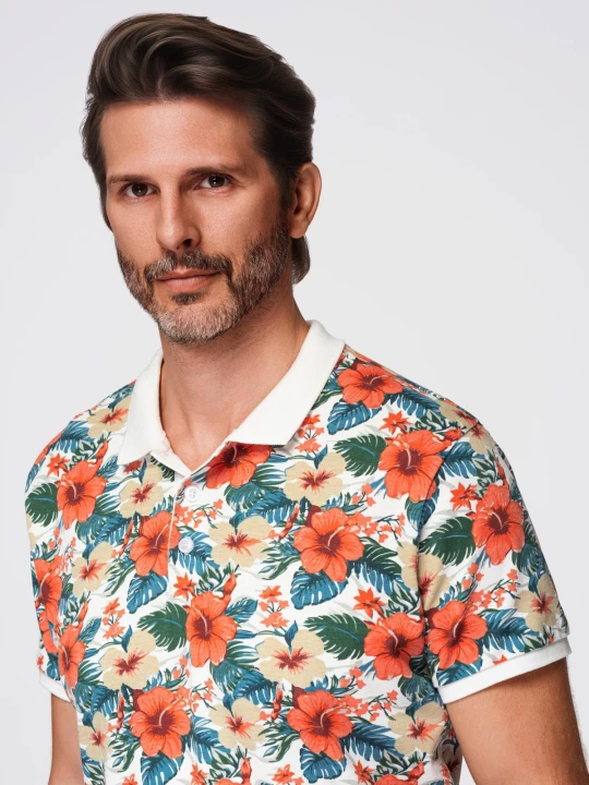 Zdjęcie produktu Koszulka polo bawełniana z nadrukiem w kwiaty – biała V1 - Rozmiar: L Ombre Clothing