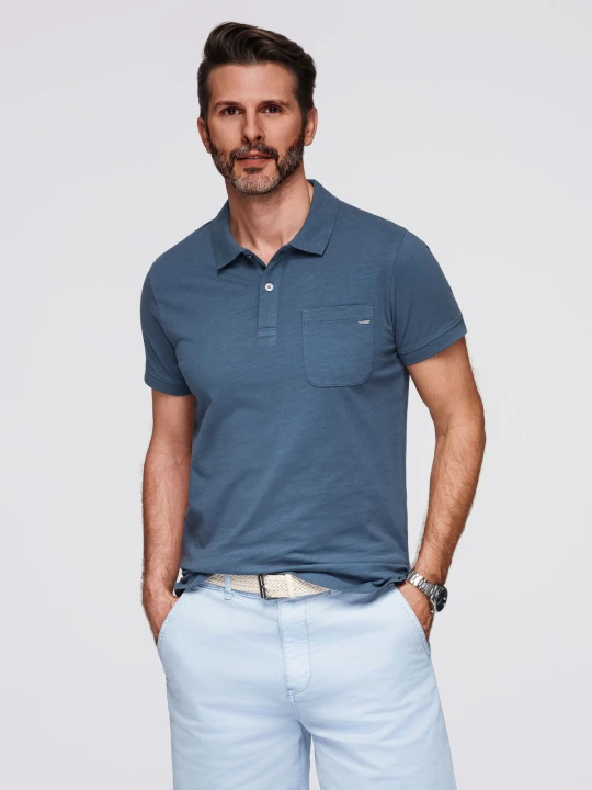 Zdjęcie produktu Koszulka polo klasyczna z bawełnianej dzianiny – ciemnoniebieska V8 - Rozmiar: L Ombre Clothing niebieski