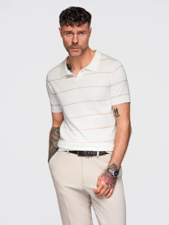 Zdjęcie produktu Koszulka polo męska w poziome paski z wiskozą – biało-beżowa V4 - Rozmiar: M Ombre Clothing