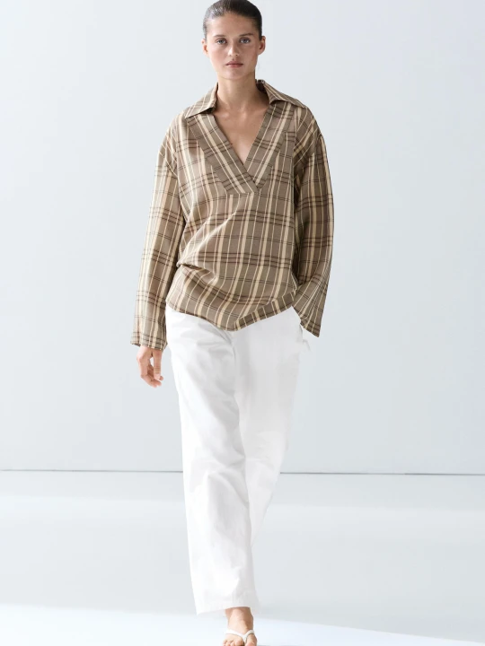 Zdjęcie produktu Koszulka Polo Oversize W Kratę - Szary - Massimo Dutti - Female