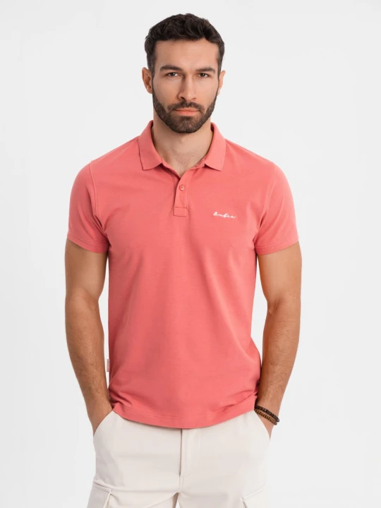 Zdjęcie produktu Koszulka polo z bawełnianej dzianiny pique – koralowa V6 - Rozmiar: S Ombre Clothing koralowy