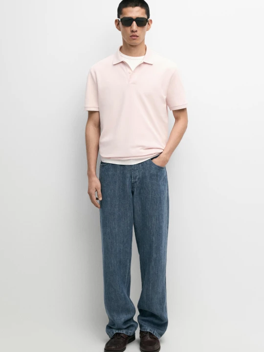 Zdjęcie produktu Koszulka Polo Z Bawełnianej Piki O Drobnej Fakturze - Blady Róż - Massimo Dutti - Male
