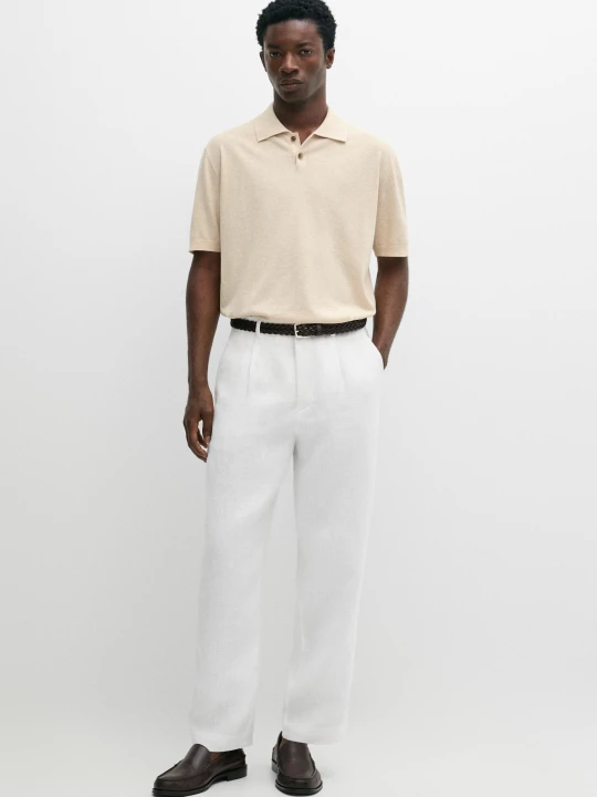Zdjęcie produktu Koszulka Polo Z Bawełny I Lnu Z Zapięciem Na Guziki - Beżowy - Massimo Dutti - Male