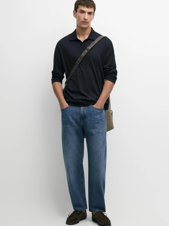 Zdjęcie produktu Koszulka Polo Z Długim Rękawem Ze 100% Bawełny - Granatowy - Massimo Dutti - Male