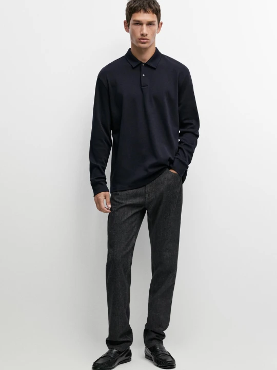 Zdjęcie produktu Koszulka Polo Z Długim Rękawem Ze 100% Bawełny - Niebieski Atramentowy - Massimo Dutti - Male