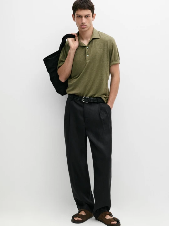 Zdjęcie produktu Koszulka Polo Z Krótkim Rękawem 100% Len - Zielony Wodnisty - Massimo Dutti - Male