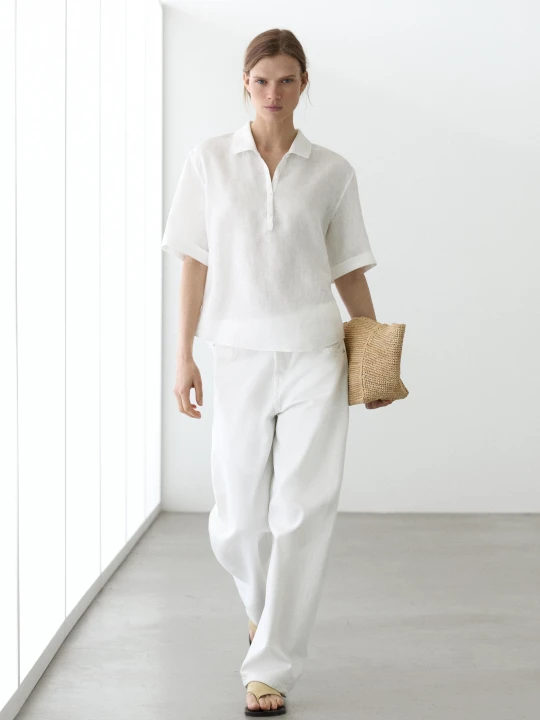 Zdjęcie produktu Koszulka Polo Z Krótkim Rękawem Z Lnu - Biały - Massimo Dutti - Female