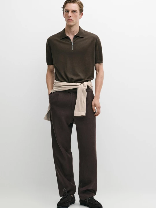 Zdjęcie produktu Koszulka Polo Z Mieszanki Wełny Z Suwakiem - Ciemny Khaki - Massimo Dutti - Male