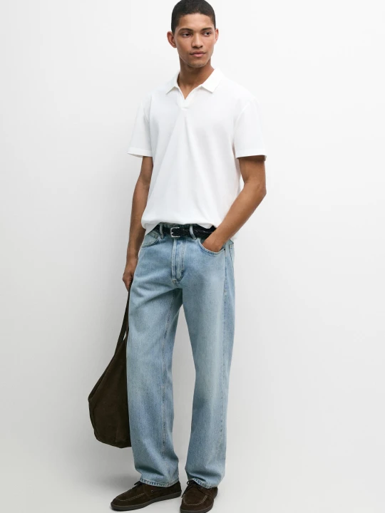 Zdjęcie produktu Koszulka Polo Z Piki Z Dekoltem W Serek I Mikrostrukturą - Biały - Massimo Dutti - Male