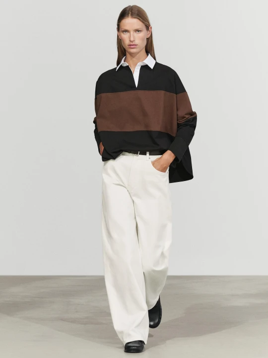 Zdjęcie produktu Oversize Koszulka Polo W Szerokie Paski Ze 100% Bawełny - Czarny - Massimo Dutti - Female
