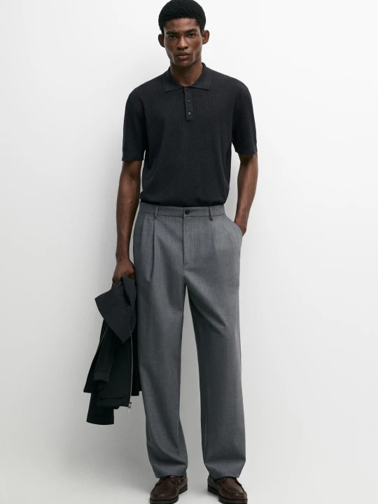 Zdjęcie produktu Koszulka Polo Ze 100% Bawełny Z Kołnierzykiem Na Guziki - Węglowy - Massimo Dutti - Male