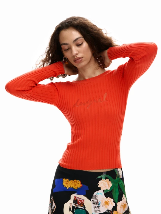 Zdjęcie produktu Prążkowany t-shirt logo Desigual czerwony