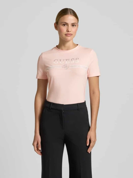 Zdjęcie produktu Koszulka T-shirt z aplikacją z dżetów model 'SIENA' Guess Jasnoróżowy
