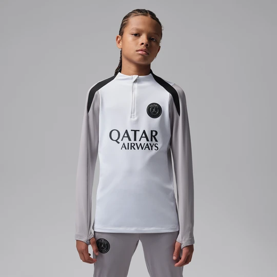 Zdjęcie produktu Koszulka treningowa do piłki nożnej z dzianiny dla dużych dzieci Jordan Dri-FIT Paris Saint-Germain Strike (edycja nocna) - Biel