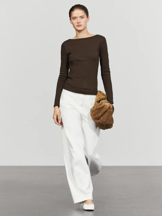 Zdjęcie produktu Bluzka Z Długim Rękawem I Dekoltem Typu Łódka - Brązowy - Massimo Dutti - Female