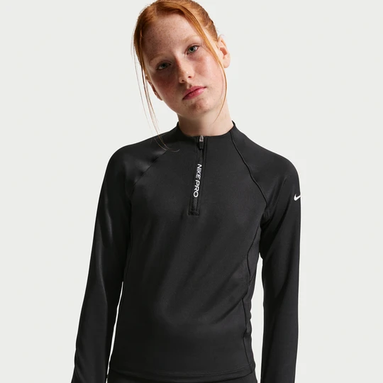 Zdjęcie produktu Koszulka z długim rękawem i zamkiem 1/2 dla dużych dzieci (dziewcząt) Nike Pro Dri-FIT - Czerń