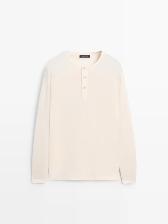 Zdjęcie produktu Koszulka Z Długim Rękawem Z Dekoltem Na Guziki 100% Bawełna - Biały Złamany - Massimo Dutti - Male