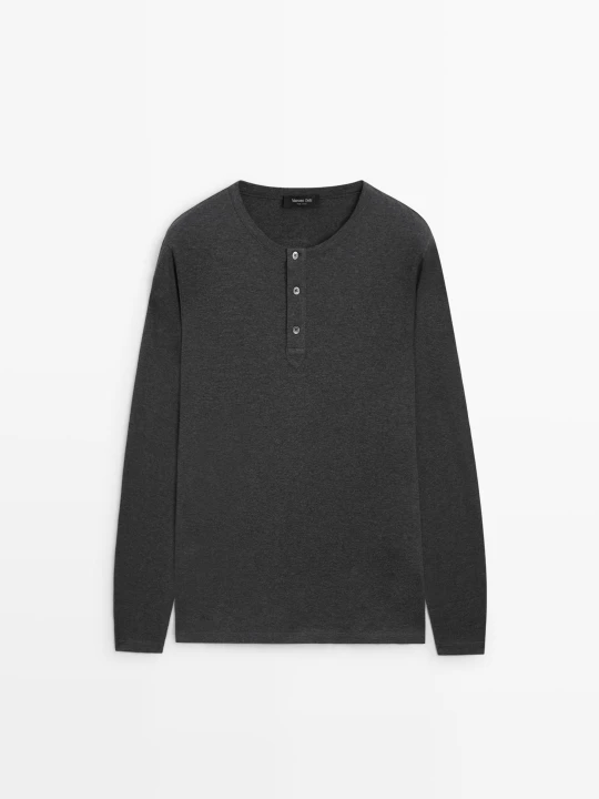 Zdjęcie produktu Koszulka Z Długim Rękawem Z Dekoltem Na Guziki 100% Bawełna - Szary Melanżowy - Massimo Dutti - Male