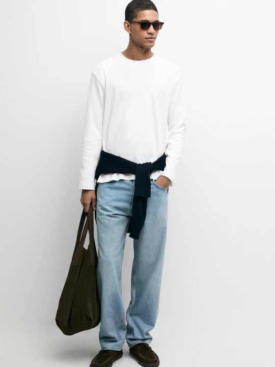 Zdjęcie produktu Koszulka Z Długim Rękawem Ze 100% Bawełny - Biały - Massimo Dutti - Male