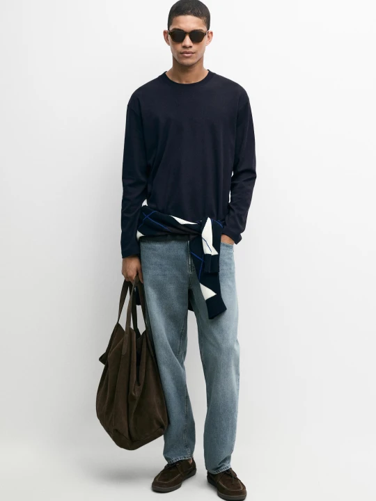 Zdjęcie produktu Koszulka Z Długim Rękawem Ze 100% Bawełny - Granatowy - Massimo Dutti - Male