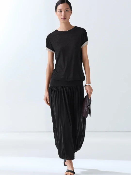 Zdjęcie produktu Koszulka Z Krótkim Rękawem Z Podwójnym Wykończeniem - Czarny - Massimo Dutti - Female
