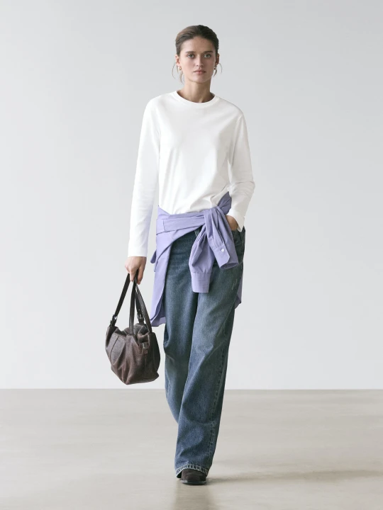Zdjęcie produktu Koszulka Ze 100% Bawełny Interlock Z Długim Rękawem - Biały Złamany - Massimo Dutti - Female