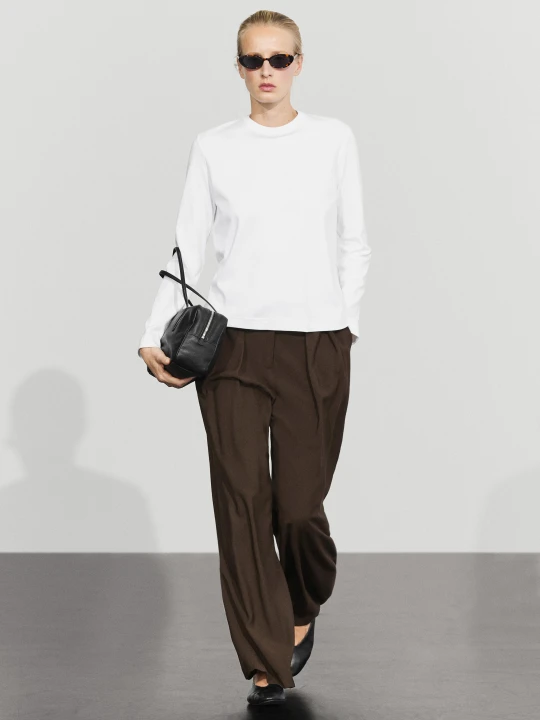 Zdjęcie produktu Koszulka Ze 100% Bawełny Interlock Z Długim Rękawem - Biały Złamany - Massimo Dutti - Female