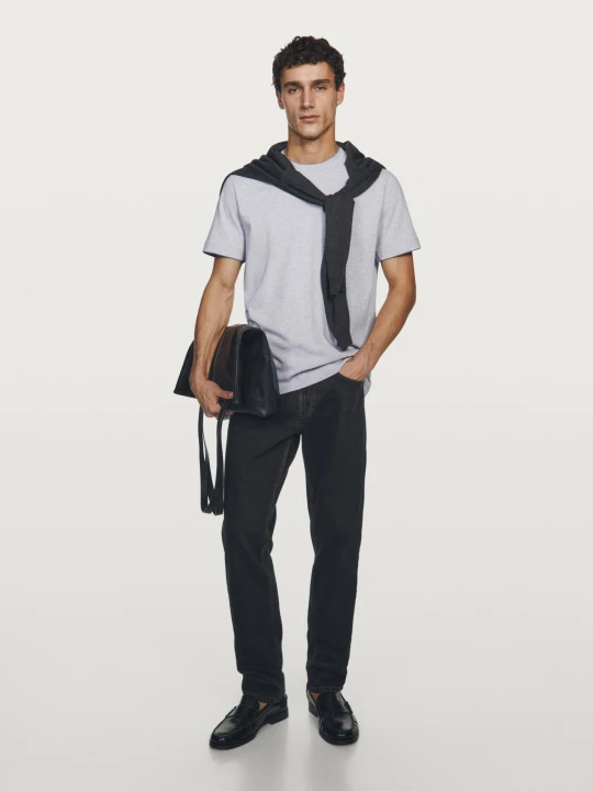 Zdjęcie produktu Koszulka Ze 100% Bawełny Z Krótkim Rękawem - Szary Melanżowy - - Massimo Dutti - Mężczyzna