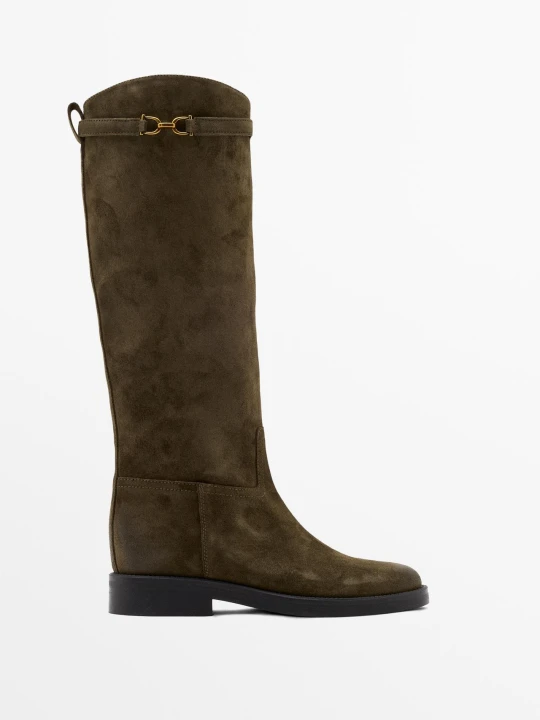 Zdjęcie produktu Kozaki Jeździeckie Z Impregnowanej Dwoiny Zamszowej - Khaki - - Massimo Dutti - Kobieta