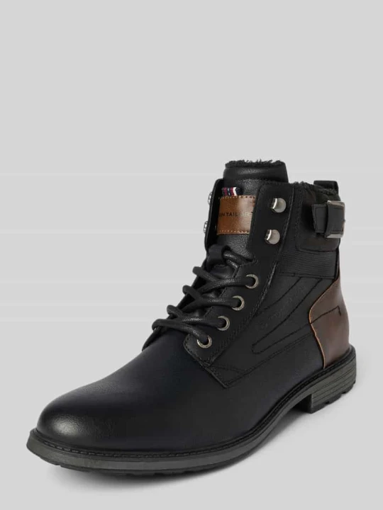 Zdjęcie produktu Kozaki sznurowane z imitacji skóry model ‘MATHEO’ Tom Tailor Czarny