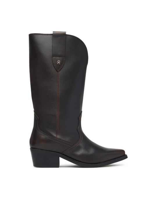 Zdjęcie produktu Kozaki Tommy Hilfiger Leather Mid Calf Western Boot FW0FW09798 Brązowy ciemny