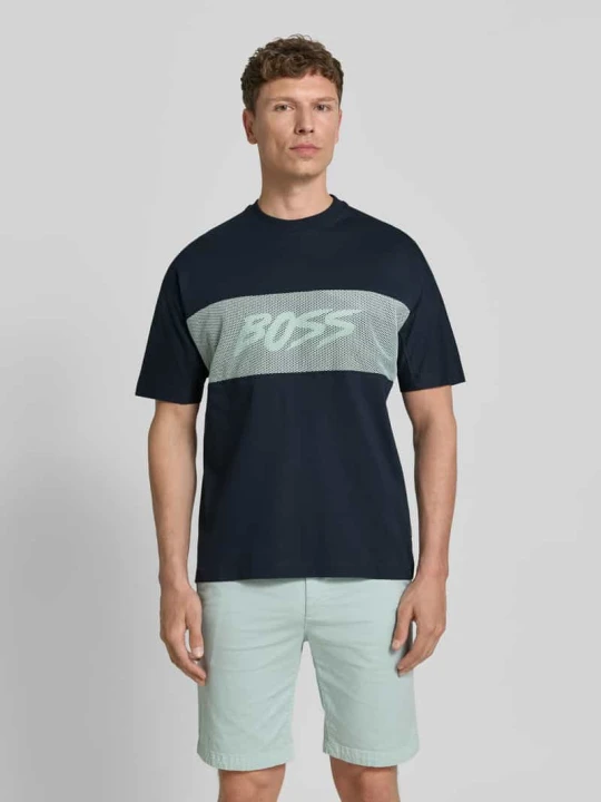 Zdjęcie produktu krój regular fit t-shirt z czystej bawełny model 'TE_BAYMESH' Boss Granatowy