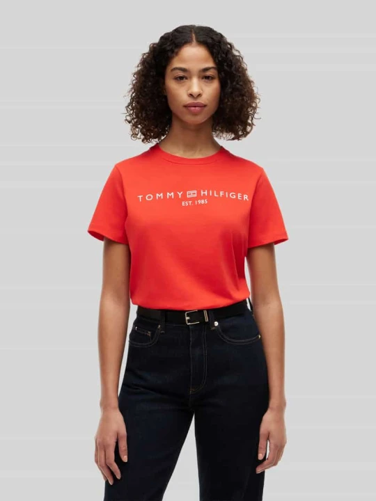 Zdjęcie produktu krój regular fit t-shirt z czystej bawełny z nadruk z logo Tommy Hilfiger Czerwony