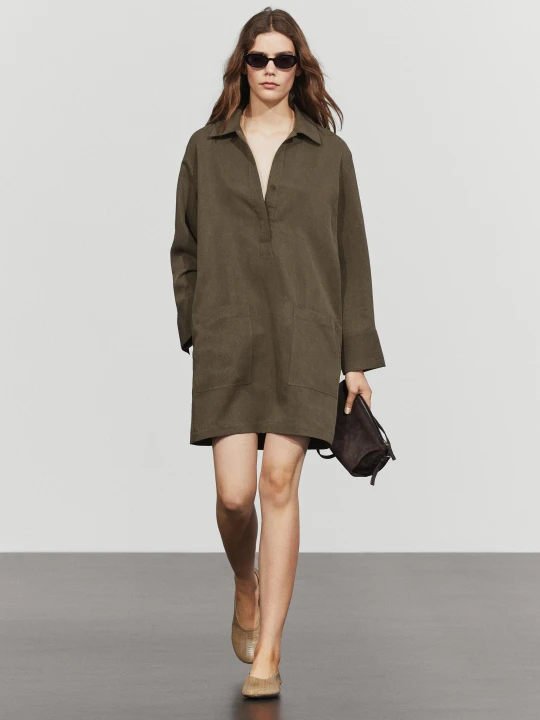 Zdjęcie produktu Krótka Sukienka Koszulowa Z Kieszeniami - Khaki - Massimo Dutti - Female