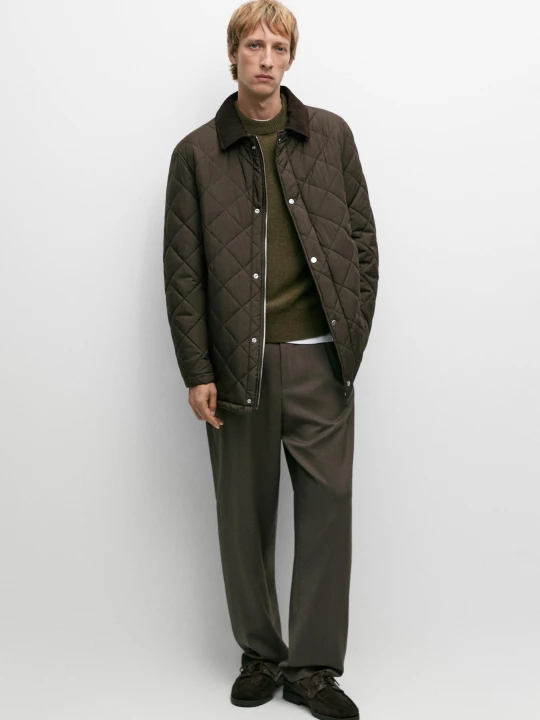 Zdjęcie produktu Długa Pikowana Kurtka Ze Sztruksu I Zamszu - Popielaty Brąz - Massimo Dutti - Male