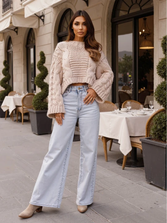 Zdjęcie produktu Krótki sweter oversize z wełną RIBBEL - beżowy  magmac 