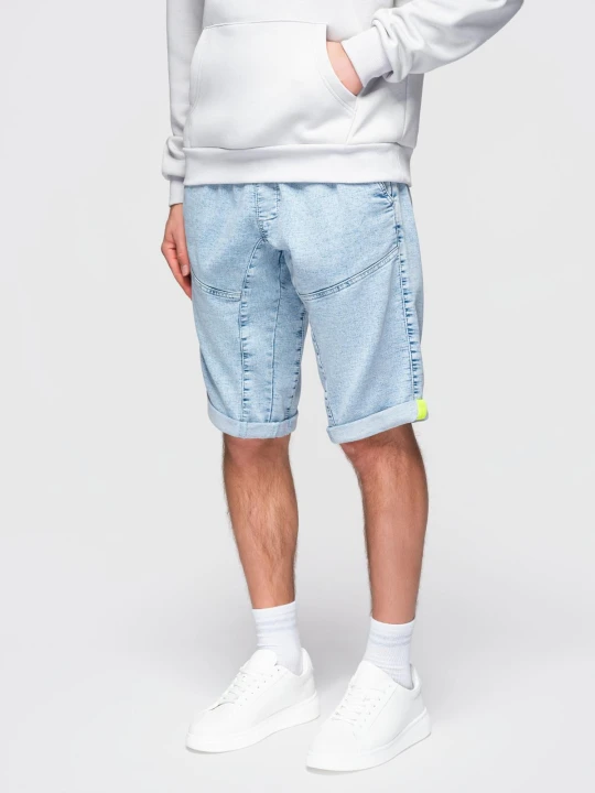 Zdjęcie produktu Krótkie jeansowe spodenki męskie z ozdobnymi przeszyciami - jasnoniebieskie V2 - Rozmiar: M Ombre Clothing