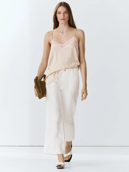 Zdjęcie produktu Krótkie Lniane Spodnie Dzwony - Biały Złamany - Massimo Dutti - Female