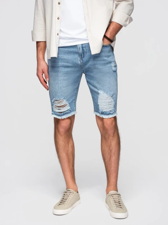Zdjęcie produktu Krótkie męskie spodenki jeansowe z przetarciami i dziurami – jasnoniebieskie V2 - Rozmiar: M Ombre Clothing