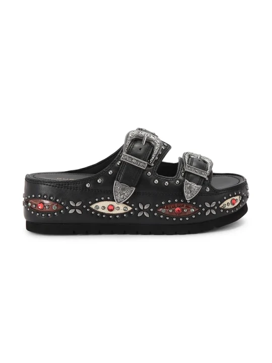 Zdjęcie produktu Kurt Geiger London klapki na platformie damskie skórzane Western Buckle Flatform czarny