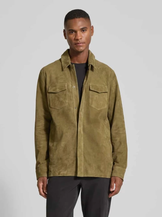 Zdjęcie produktu Kurtka koszulowa z naturalnej koziej skóry o kroju slim fit model ‘Overshirt‘ Profuomo Zielony