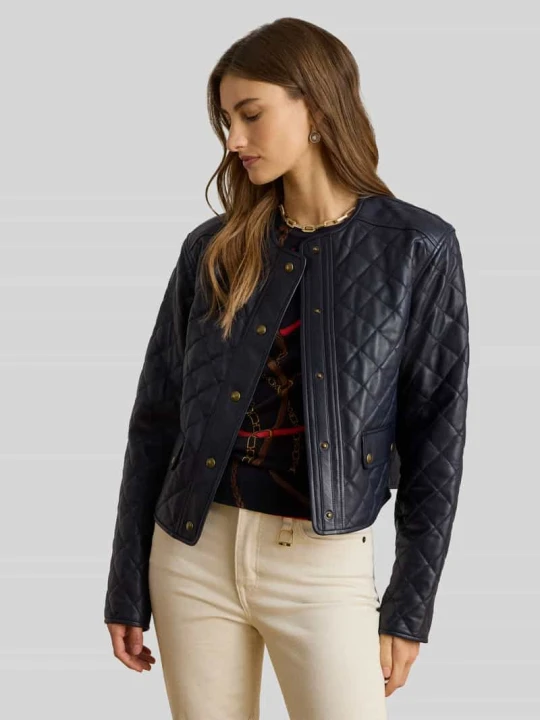 Zdjęcie produktu Kurtka skórzana cropped z czystej skóry jagnięcej Lauren Ralph Lauren Granatowy