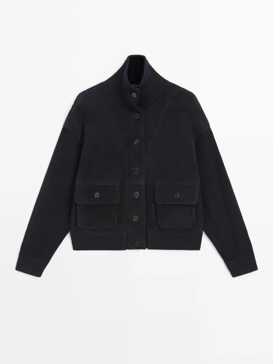 Zdjęcie produktu Kurtka Łączona Ze Skóry Zamszowej - Granatowy - Massimo Dutti - Female