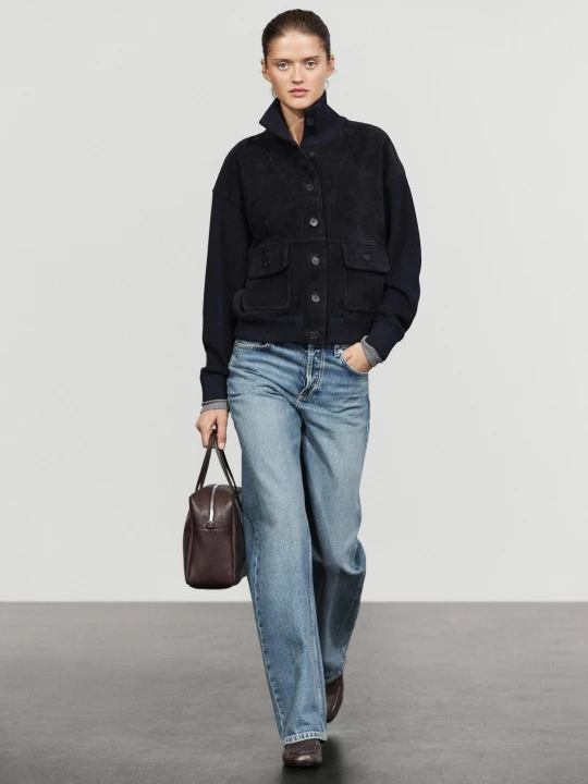 Zdjęcie produktu Kurtka Łączona Ze Skóry Zamszowej - Granatowy - Massimo Dutti - Female